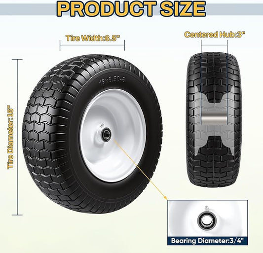 16x6.50-8 Flat Free Lawn Mower Tire and Wheel, 16x6.5-8 Solid Replacement Front Tires for Riding Mowers and Lawn Tractors, with 3/4" Bushings & 5/8" Bearings, 3" Centered Hub, 2 Pack