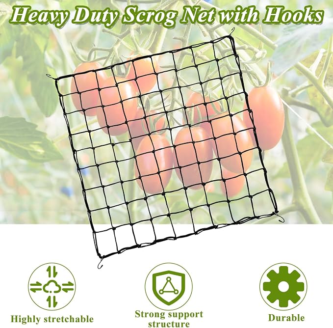 2 Pack 5x5 ft Elastic Trellis Netting for Grow Tent, Heavy Duty Plant Support Net with Steel Hooks and 100 Zip Ties, Black Garden Trellis Net for Tomatoes, Cucumbers, Vines