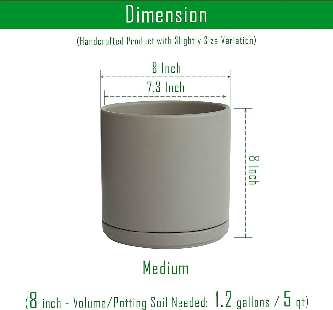 D'vine Dev Set of 2 Plants Pots, 8 Inch Ceramic Planter Pot for Plants with Drainage Hole and Saucer, Speckled Grey, 94-V-D-3