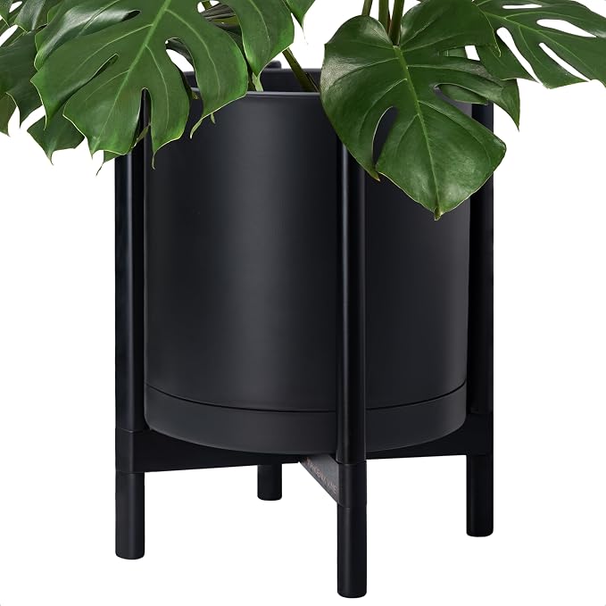 D'vine Dev Plastic Pot with Ebony Wood Stand, Black, 16 in, 55-C-Z-2 | Mid-Century Inspired Design, Elevated Plant Display, Clean Lines, Sturdy Support, Modern Space-Saving Style