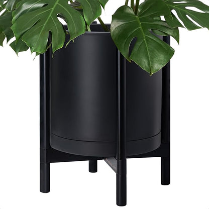 D'vine Dev Plastic Pot with Ebony Wood Stand, Black, 16 in, 55-C-Z-2 | Mid-Century Inspired Design, Elevated Plant Display, Clean Lines, Sturdy Support, Modern Space-Saving Style
