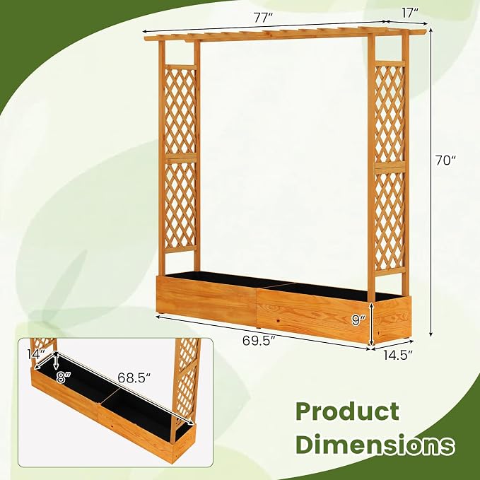 S AFSTAR 77-Inch Raised Garden Bed with Arch Trellis, Hanging Roof & Drainage Holes, Vertical Plant Container for Vine Climbing Plant Flower, Indoor Outdoor Wood Elevated Planter Box for Garden