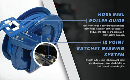 BLUBIRD BBRHD3850 18ga. Retractable Hose Reel with 3/8" X 50' Air Hose, 12 Point Ratcheting Gear, Next-Gen Rubber, Lightest, Strongest, Most Flexible, 300 PSI, -50F to 190F Degrees, Polyester Braided
