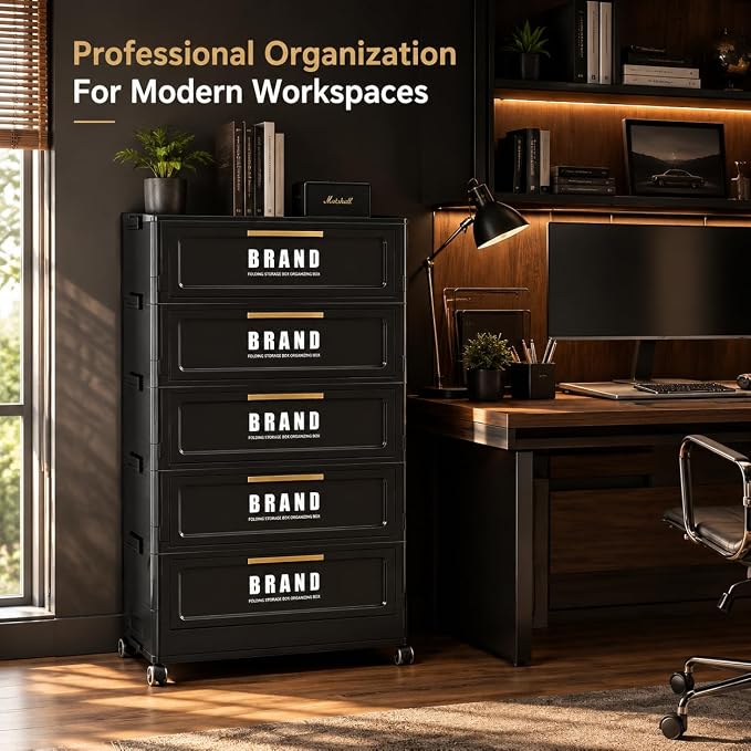 Foldable Storage Cabinet with Doors & Locking Wheels, 5-Tier Large-Capacity Organizer, No-Tool Setup, Impact-Resistant ABS Construction for Dorm, Pantry, Laundry, and Living Spaces