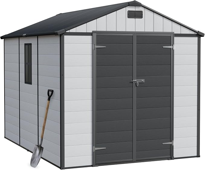Greesum 8x10FT Resin Outdoor Storage Shed with Floor and Windows, All Weather Plastic Shed with Lockable Door & Vents for Garden, Backyard, Lawn, Light Gray