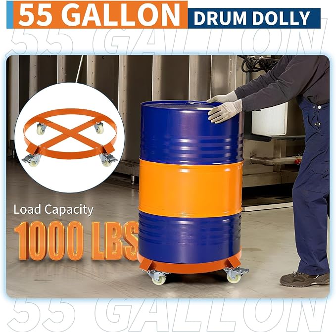 55-Gallon Drum Dolly, Heavy Duty 1000Lbs Load Capacity,Barrel Dolly Cart with Cross Braces & Swivel Casters Wheel,Steel Fram,Non Tipping Design,Barrel Cart with Brake for Warehouse Drum Handling
