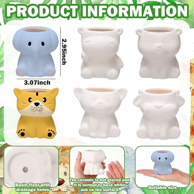 Beeveer 6 Sets Paint Your Own Ceramic Animal Succulent Planters Paintable Animal Ceramic Small DIY Figurines Unpainted Succulent Pots with Drainage Hole for Adults