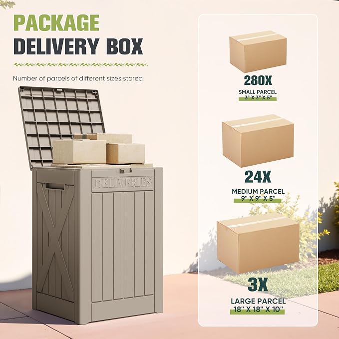 Greesum 48 Gallon Outdoor Package Delivery Box with Lock, Waterproof Secure Parcel Drop Box for Porch, Double-Wall Resin Storage, Light Coffee