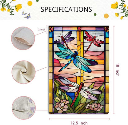 Spring Summer Dragonfly Garden Flag Stained Glass Style Flowers Garden Flag Vertical Double Sided Rustic Farmland Burlap Yard Lawn Outdoor Decor 12.5x18"