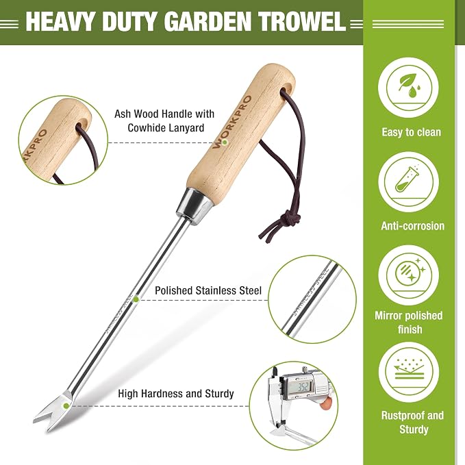WORKPRO Dandelion Weeder Puller Tool with Wood Handle | Polished Stainless Steel Garden Weed Remover Tool, Two-Pronged Fork Weeder Tool for Lawn, Farmland, Transplant, Gardening