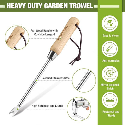 WORKPRO Dandelion Weeder Puller Tool with Wood Handle | Polished Stainless Steel Garden Weed Remover Tool, Two-Pronged Fork Weeder Tool for Lawn, Farmland, Transplant, Gardening