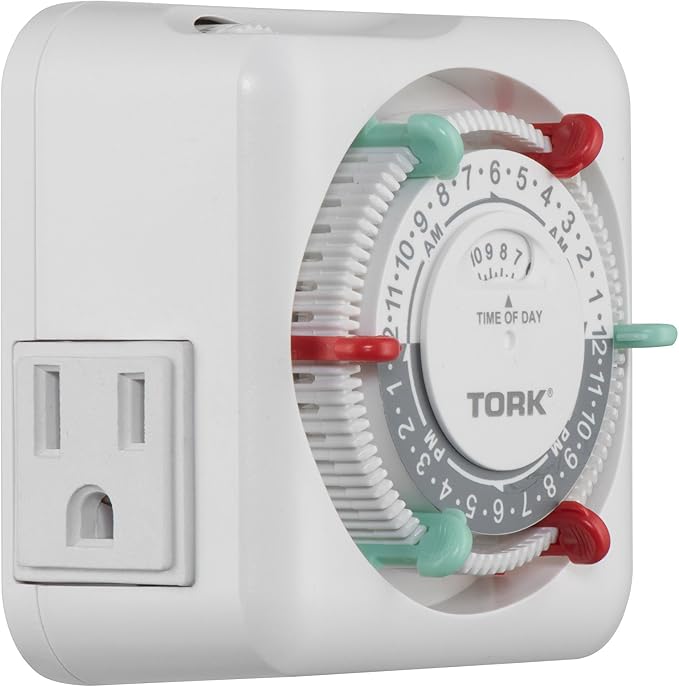NSi Industries TORK RTN312 Indoor 15-Amp Plug-in Heavy Duty Mechanical Appliance Timer 24-Hour Programming – GREEN & RED Trippers TWO Receptacles White