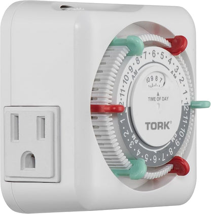 NSi Industries TORK RTN312 Indoor 15-Amp Plug-in Heavy Duty Mechanical Appliance Timer 24-Hour Programming – GREEN & RED Trippers TWO Receptacles White