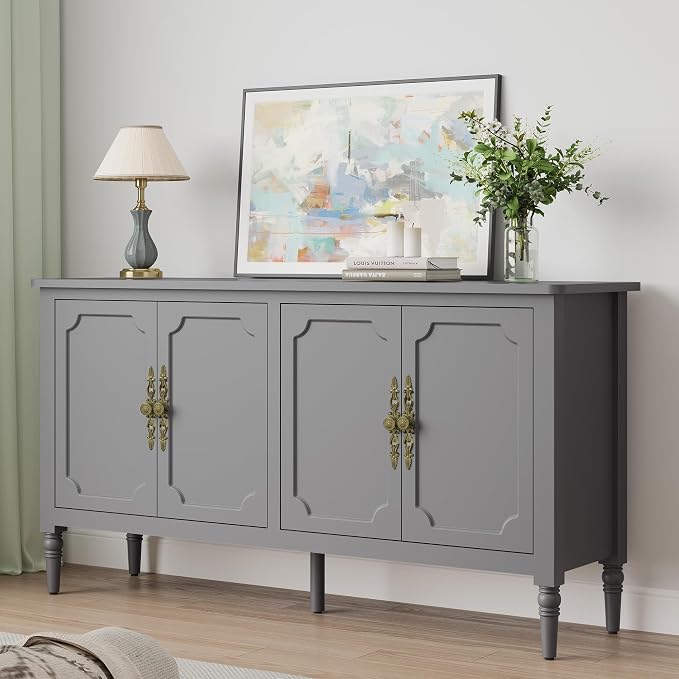 RoyalCraft Sideboard Buffet Cabinet with Storage, 59" Mid Century Modern Credenza with 4 Doors, Coffee Bar Wine Bar Storage Cabinet with Artistic Carved Handle for Living Room, Dining Room, Gray