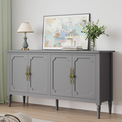 RoyalCraft Sideboard Buffet Cabinet with Storage, 59" Mid Century Modern Credenza with 4 Doors, Coffee Bar Wine Bar Storage Cabinet with Artistic Carved Handle for Living Room, Dining Room, Gray