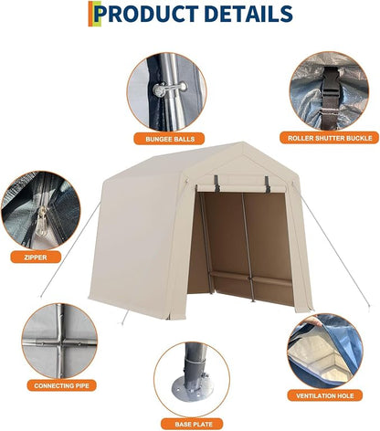 7 x 10 Ft Bike Shed ATV Storage Tent Portable Storage Shed Outdoor Carport Tarp Sheds with Roll-Up Door for Motorcycle, Car, Garden Tools Khaki