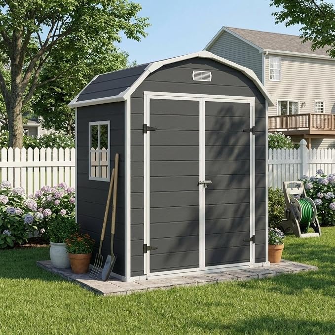 Resin Shed with Floor 6x4.5 FT, Top Larger Storage Space, Outdoor Storage Shed with Lockable Door, Outside Shed Perfect to Store Patio Furniture, GardenTools Bike Accessories, for Gardens, Backyards