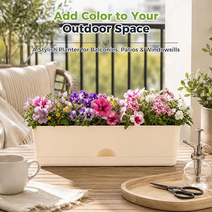 6 Pack Rectangle Planter 16x4.4 Inch Window Boxes Planters Rectangular Large Window Sill Planters Indoor Self Watering Plant Pots with Drainage Holes and Saucers Succulent Herb Flower Pots, Beige