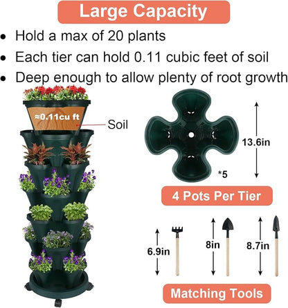 GameXcel Vertical Planter Tower - 7 Tier Stackable Garden Planters with Wheels and Tools Plant Pots for Strawberry Herb Flower and Vegetable Indoor Outdoor Use Green