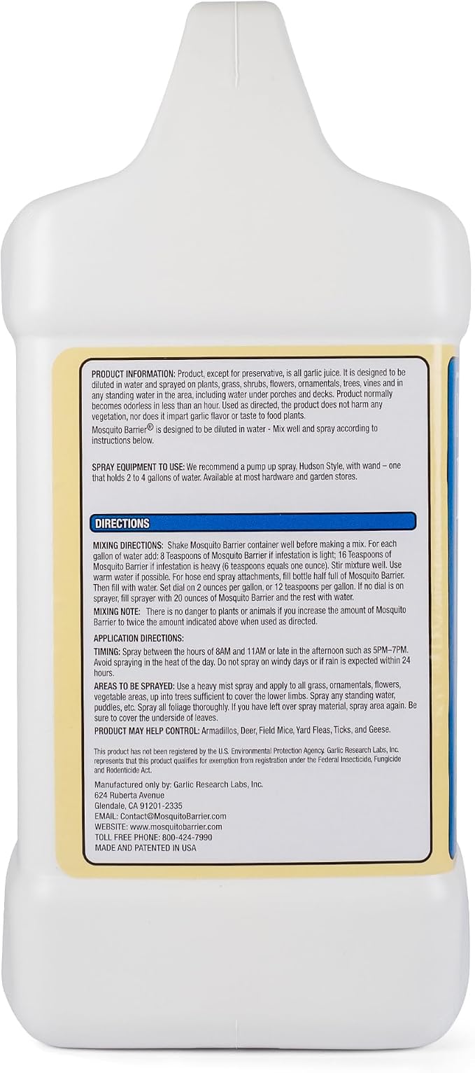 Mosquito Barrier Liquid Garlic Mosquito Repellent Concentrate, 1 Gallon – Professional Outdoor Treatment for Lawns, Landscapes & Perimeter Areas – Yard & Home Mosquito Protection