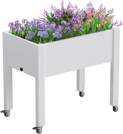 Elevated Raised Garden Bed with Wheels - Outdoor Mobile Resin Planter Box with Drainage Holes for Vegetables Flower Herbs, Weather Resistant, Ashen (26.3" h)