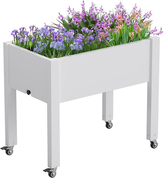 Elevated Raised Garden Bed with Wheels - Outdoor Mobile Resin Planter Box with Drainage Holes for Vegetables Flower Herbs, Weather Resistant, Ashen (26.3" h)