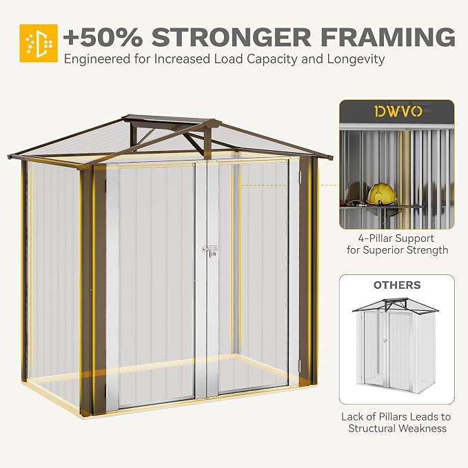 DWVO 6x4ft Metal Outdoor Storage Shed, Waterproof Tool Shed Heavy-Duty Storage Unit with Lockable Door and Vents, Ideal for Bicycles, Tools, Lawnmowers, Backyards, Patios, Lawns - Brown