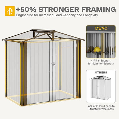 DWVO 6x4ft Metal Outdoor Storage Shed, Waterproof Tool Shed Heavy-Duty Storage Unit with Lockable Door and Vents, Ideal for Bicycles, Tools, Lawnmowers, Backyards, Patios, Lawns - Brown