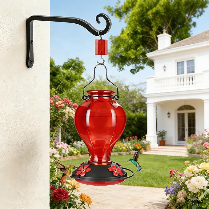 Glass Hummingbird Feeders for Outdoors Hanging, 24oz Wild Bird Nectar Feeder with Ant Moat and 360° Perch, Bee-Resistant Ports,Outside Garden Decor,Colorful Gifts for Women Mom, 1 Pack, Red