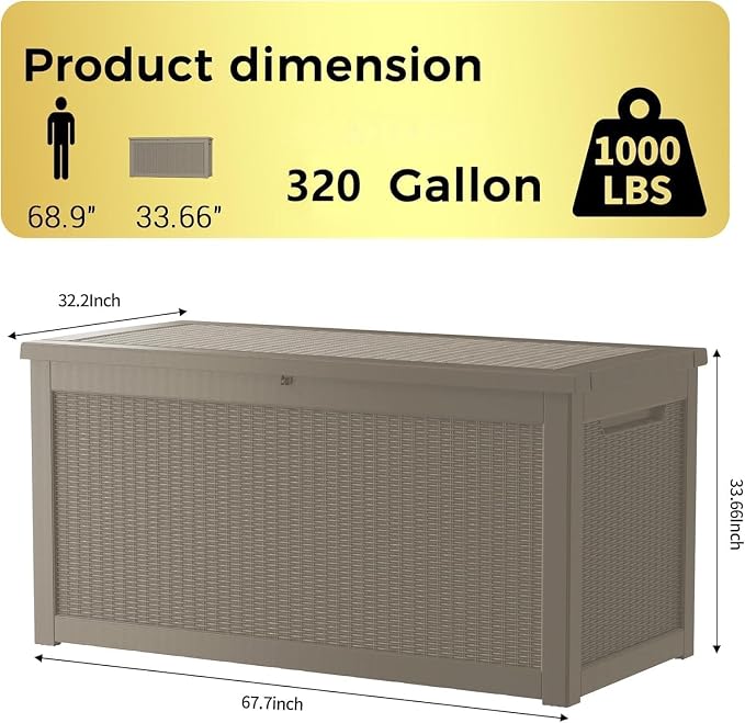 320 Gallon Outdoor Storage Box Waterproof, Lockable Resin Deck Box Large Storage Bin for Patio Furniture Cushion, Garden Tools, Pool Accessories, UV-Resistant Outside, Gray