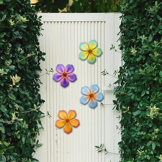 Giyyomtr Metal Flowers Wall Decor - 4pcs Metal Flower Wall Art Hanging Decorations for Outdoor Fence Garden Yard Patio Exterior Wall Decor