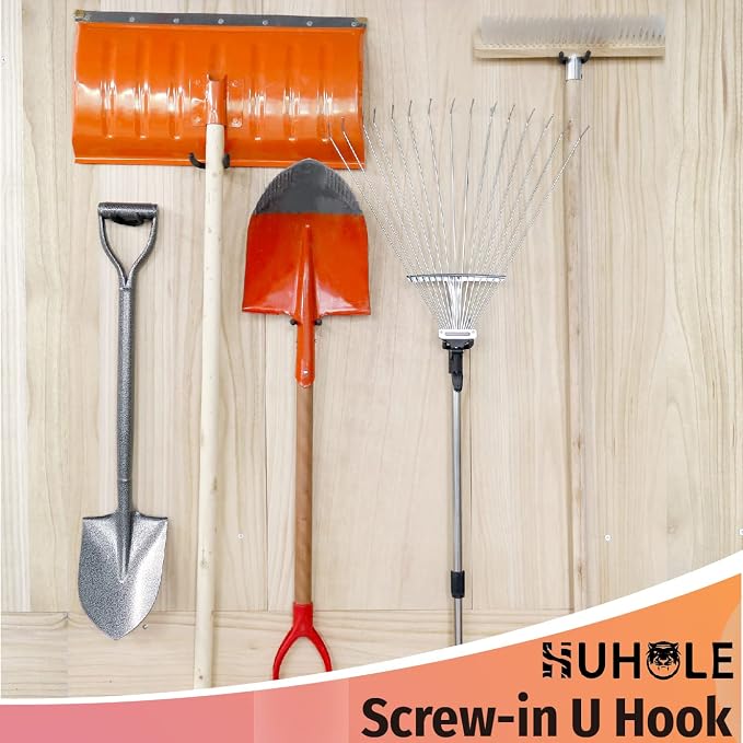 HUHOLE 6 Pack Screw in U Hooks Garage Storage Organizers | Shovel Holders with 30 lb Capacity for Garden Tools, Power Equipment, Rakes, Weed Trimmers, Ladders and Extension Cords