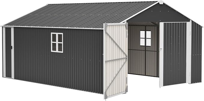 KEIKI 12x20 FT Outdoor Metal Storage Shed Garage with Double Doors, Large Capacity Steel Utility Shed for Vehicle Equipment and Garden Tool Storage, Weather Resistant Backyard Shed
