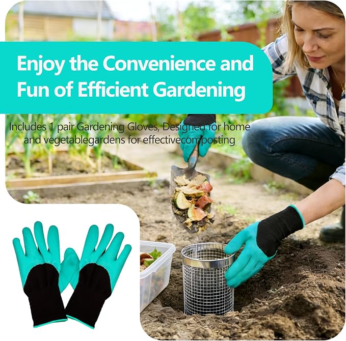 2 Pack Underground Worm Composting Bin with Gardening Gloves - Small Round Metal Stainless Steel Composter for Family Garden, Outdoor Compost Bins (2)