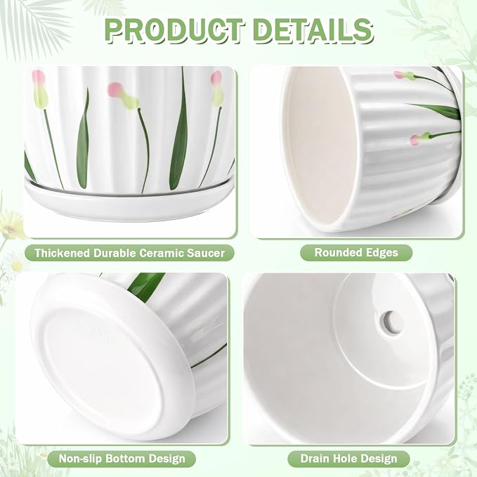 4 Pack Ceramic Orchid Pots with Drainage Holes and Tray 3.35+4.33+5.51+6.61 Inch Ceramic Plant Pot White Garden Planter for Indoor Outdoor Home Decor Gifts for Plant Lovers