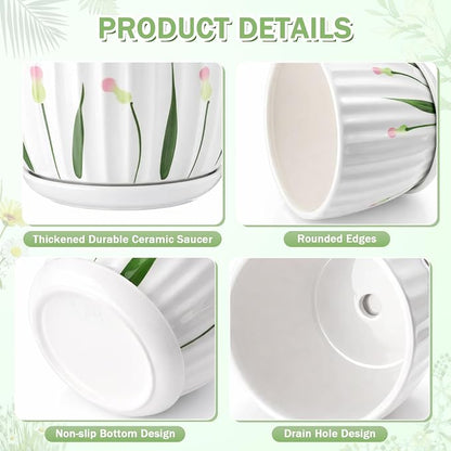 4 Pack Ceramic Orchid Pots with Drainage Holes and Tray 3.35+4.33+5.51+6.61 Inch Ceramic Plant Pot White Garden Planter for Indoor Outdoor Home Decor Gifts for Plant Lovers