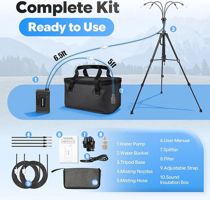 homenote Portable Standing Misting System – 12,000mAh Pump, 20L Bucket, 4.8FT Adjustable Tripod Base, Outdoor Cooling Misters for Backyard, Pool, Beach, Camping, Picnic, Greenhouse, Chicken Coop
