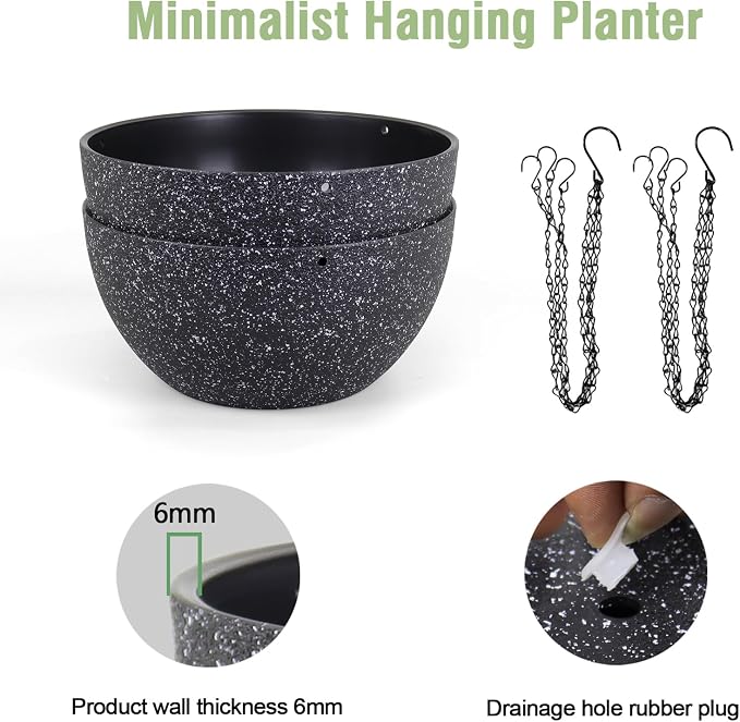 Meowell 12 inch Large Hanging Planters for Indoor Outdoor Plants, 2 Pack Hanging Flower Pots with Drainage Holes and Chain for Garden Porch, Plastic Hanging Baskets for House Plants, Speckled Black