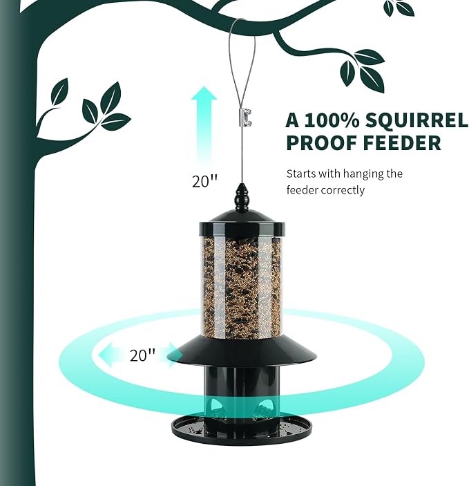 Squirrel Proof Bird Feeder - 360° Feeding Perch Tray for Outdoor Hanging Wild Bird Seeds, Dark Green.