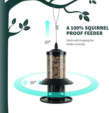 Squirrel Proof Bird Feeder - 360° Feeding Perch Tray for Outdoor Hanging Wild Bird Seeds, Dark Green.