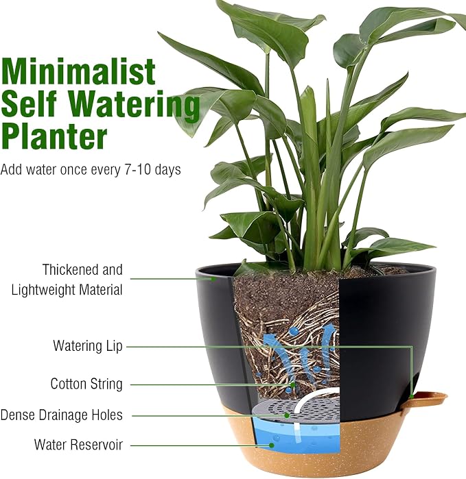 WSMKSZ 10 inch Self Watering Pots, 2 Pack Plastic Planters with Mesh Drainage Holes for Garden Plants and Flower, Plants Pots with Deep Reservoir for Indoor Outdoor Plants, Black with Brown