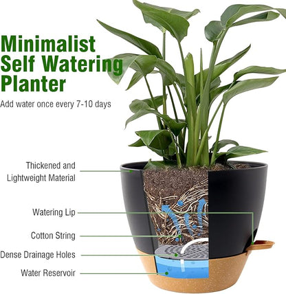 WSMKSZ 12/10/9 inch Large Self Watering Pots, Planter, Plant Pots with Mesh Drainage Holes for Indoor Outdoor Garden Plants, Plastic Flower Pots with Removable Deep Reservoir, Black with Brown