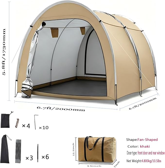 Hwayslon Bike Storage Shed Tent, 420D Oxford Fabric, Waterproof, Khaki Color, Used for Yard Furniture, Lawn Mower, Bicycle, Motorcycle Storage, 6.6x6.6x5.8 Feet