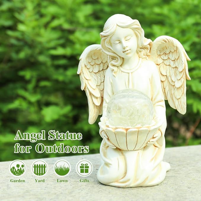 Angel Statue Outdoor Decor, Angel Garden Statues Holding Lotus Flower with Crackle Glass Globe Solar LED Lights Yard Decorations Lawn Ornaments Figurines for Outside or Gardening Gifts