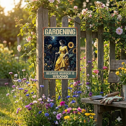 Garden Decor Sign Gardening Because Murder Is Wrong Wall Art | Garden Lovers • Patio Yard Display • Garden Theme • Vintage Humor Style • UV Printed • 8x12 Inch