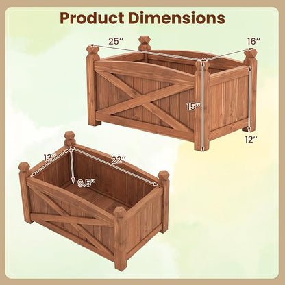 Giantex 2 Pcs Raised Garden Bed, Wooden Planter Box Outdoor, 25”x 16”x 15" Rectangular Garden Bed for Vegetables Flower Herb Fruit