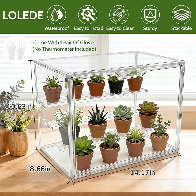 Clear Mini Greenhouse Indoor, Small Stackable Tabletop Portable Green House with Magnetic Door for Plant Seed Germination, Home Gardening Display,etc. (14.2x8.7x10.6in, 1 Pack)