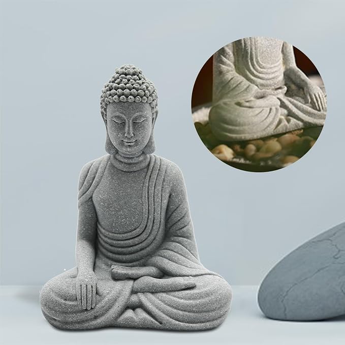 Hoypeyfiy Mini Buddha Statue Set with Stone Lantern, Zen Garden Accessories Sitting Buddha Figurine for Home Decor, Patio Yard Garden, Terrarium, Micro Landscape Decoration