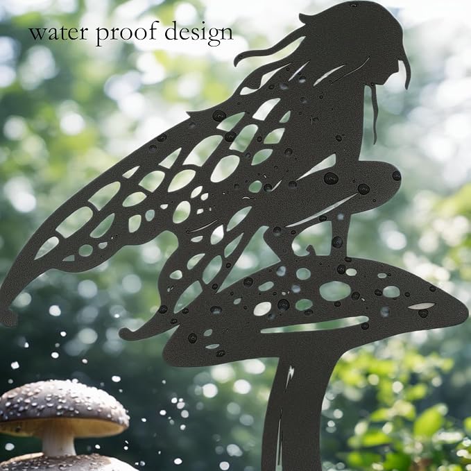 Decorative Garden Stakes， Fairy Garden Stakes, Butterfly Fairy Stakes for Weather Resistant Black Metal Outdoor Decorative Art for Women Gift (Matte Black, 18P-A)