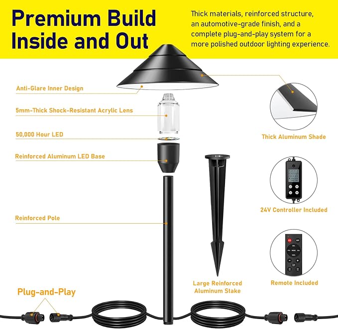 14-Light Low Voltage Landscape Lighting System, 12 Pathway Lights & 2 Spotlights, 72W 24V ETL Controller, Plug-and-Play, IP65 Waterproof, Remote & Timer, 3000K Warm White, 140FT for Path Garden